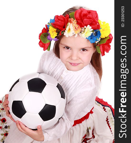 Ukrainian girl with soccer ball as a Euro 2012 fan over white background. Ukrainian girl with soccer ball as a Euro 2012 fan over white background