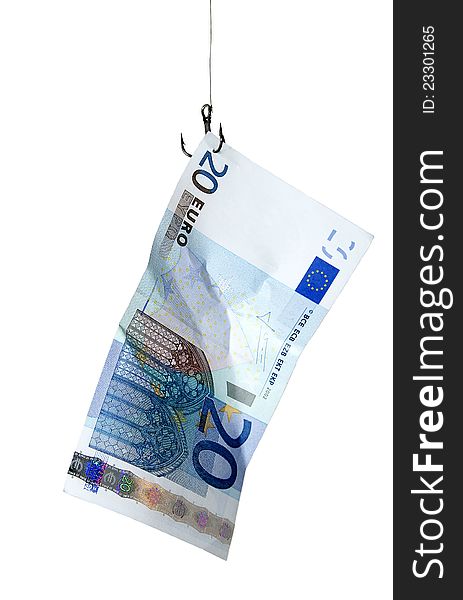 European money banknote hanging on a fishing hook. European money banknote hanging on a fishing hook