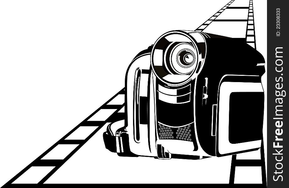 Modern digital video camera to film background. Black and white illustration. Modern digital video camera to film background. Black and white illustration.