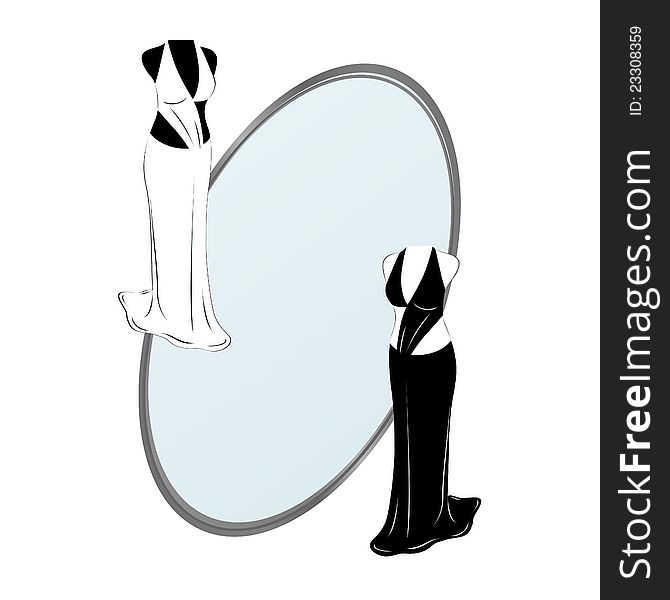 Black and white women's dress against the background of the mirror. Black and white illustration. Black and white women's dress against the background of the mirror. Black and white illustration.