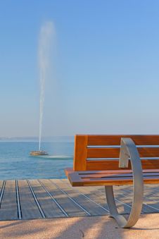 Modern Bench And Fontain In The Lake Stock Photos