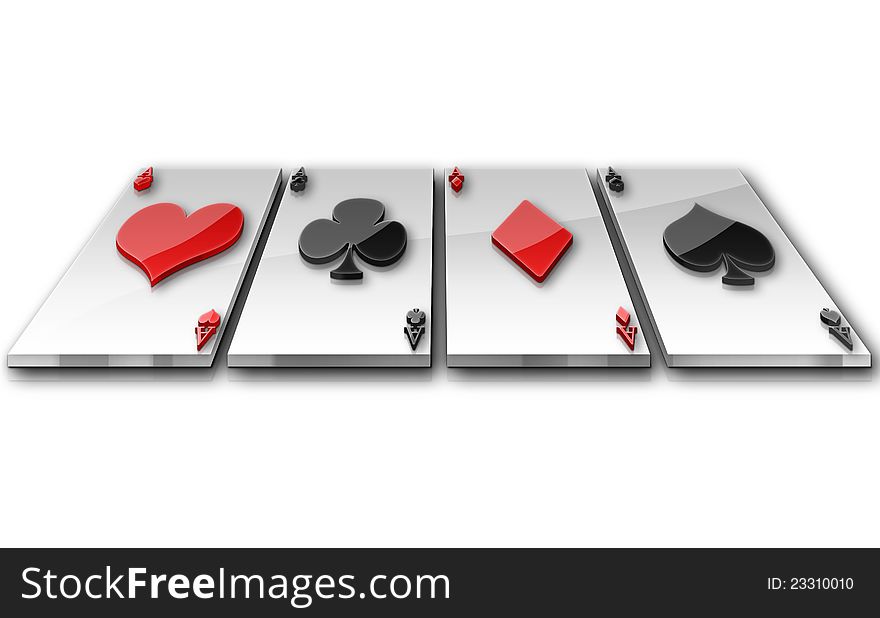 Playing cards on white background made in a 3d perspective