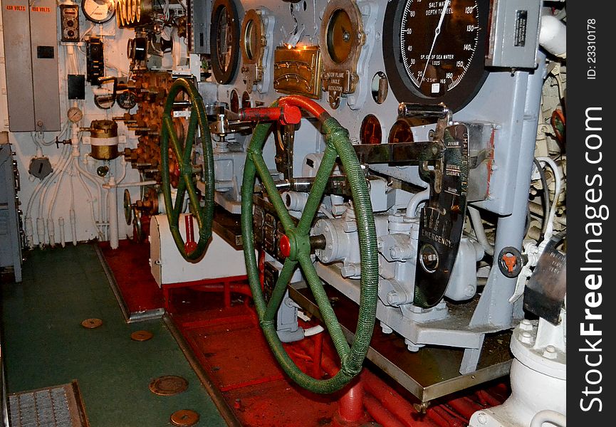 The USS Batfish is a Balao-class submarine that sank nine Japanese ships during the Second World War. The ship is located at the Muskogee War Memorial Park in Muskogee, Oklahoma. Pictured is the interior of the steering room.