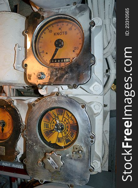 The USS Batfish is a Balao-class submarine that sank nine Japanese ships during the Second World War. The ship is located at the Muskogee War Memorial Park in Muskogee, Oklahoma. Pictured are dials in the ship's interior.