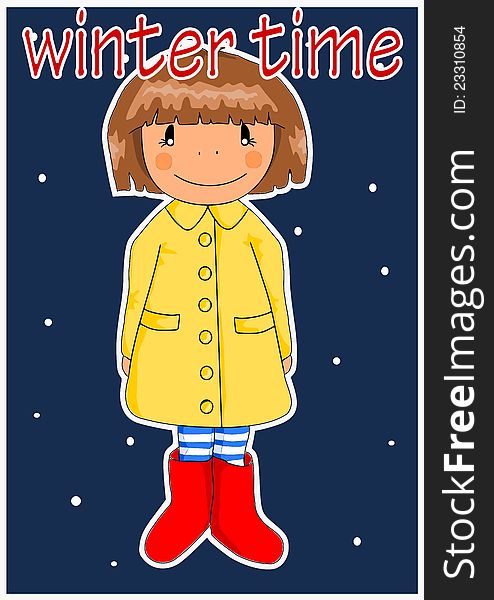 Happy girl in yellow coat - winter time. Vector. Happy girl in yellow coat - winter time. Vector.