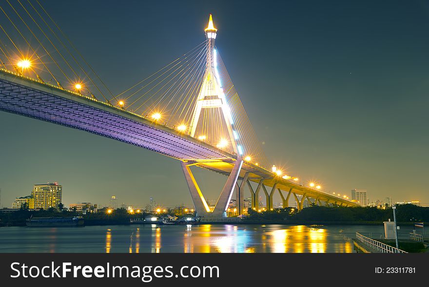 Bhumibol Bridge in Thailand, also known as the Industrial Ring Road Bridge, in Thailand. The bridge crosses the Chao Phraya River twice.