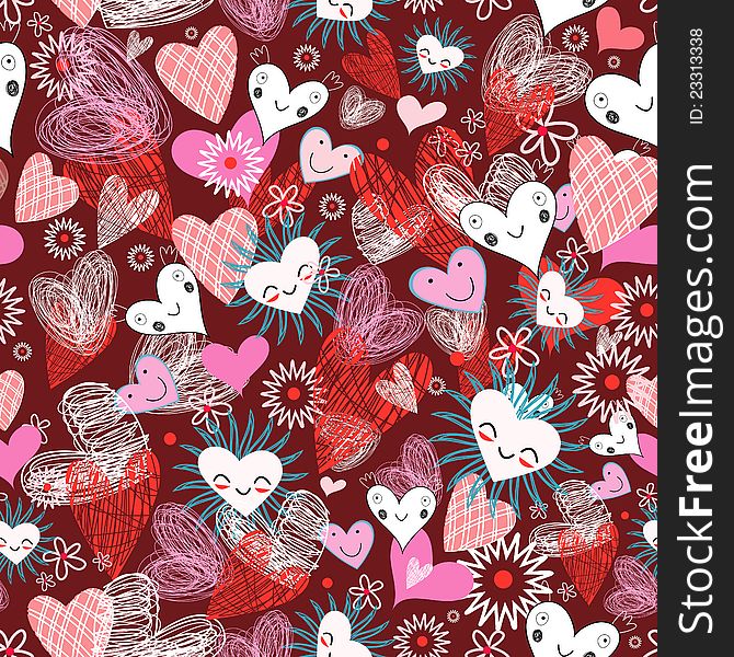 Seamless pattern of colored hearts on a dark burgundy background. Seamless pattern of colored hearts on a dark burgundy background
