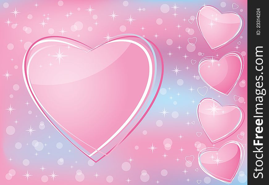 Valentine's Day romantic background for the card with a tender pink hearts. Five nice shine on the hearts of pink and blue background. Valentine's Day romantic background for the card with a tender pink hearts. Five nice shine on the hearts of pink and blue background.