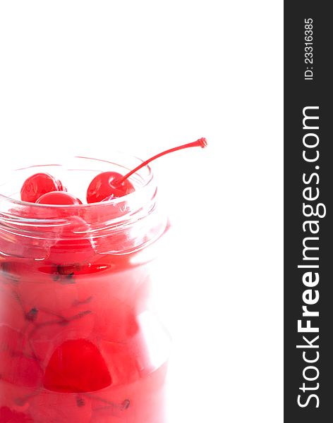 Cocktail cherries in glass jar. Cocktail cherries in glass jar.