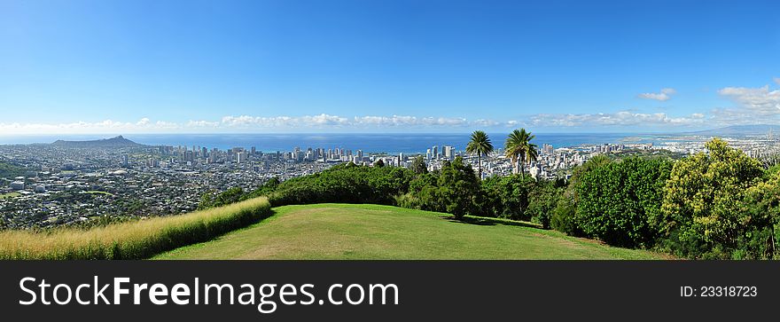 Panoramic view of Waikiki Beach and Honolulu with Diamon Head Crater in the background