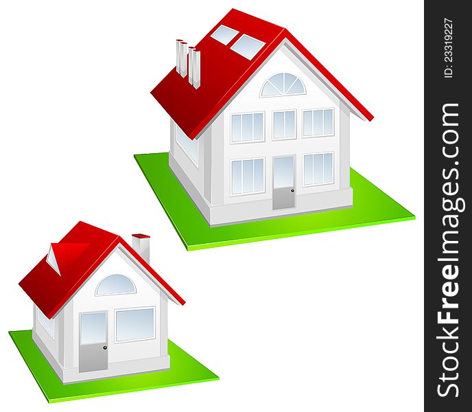 Model of house with red roof and lawn on white background, vector illustration. Model of house with red roof and lawn on white background, vector illustration