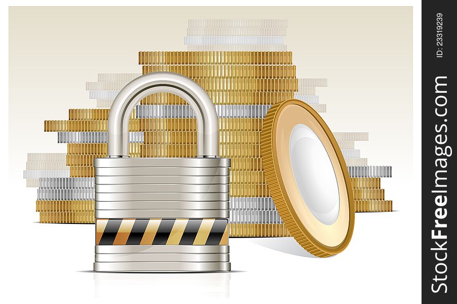 Stacks of gold money coins and lock on white, vector illustration. Stacks of gold money coins and lock on white, vector illustration