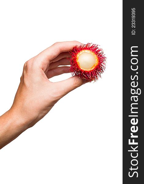 Women's hand holding fresh rambutan fruit isolated on white background