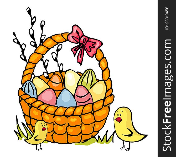 Illustration of basket full of Easter eggs isolated on white. Illustration of basket full of Easter eggs isolated on white.