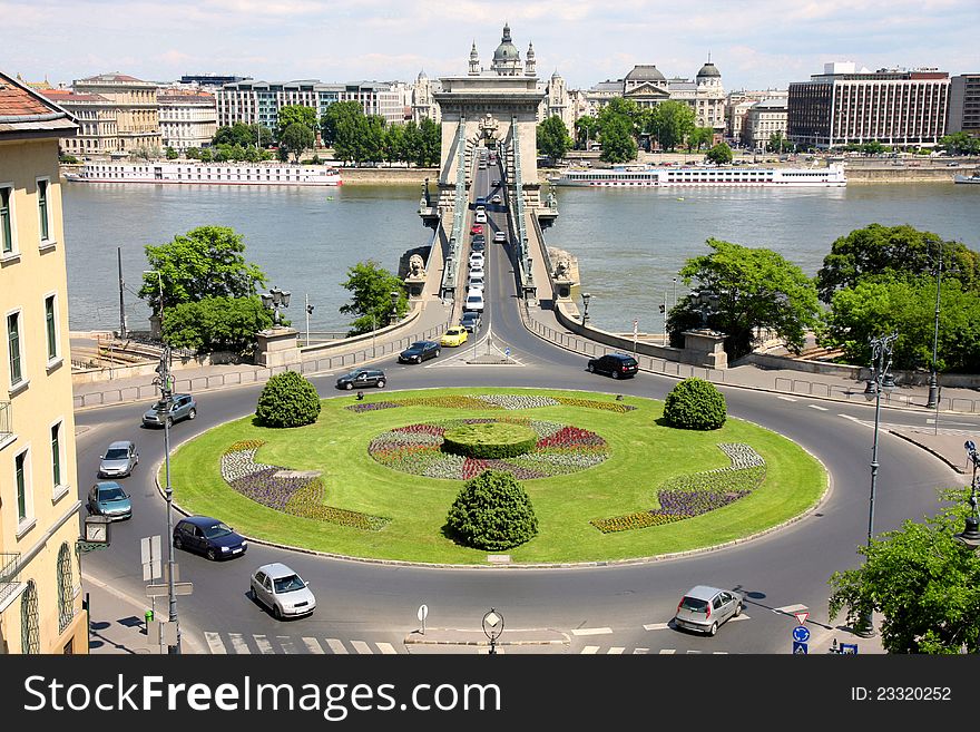 View of traffic circle and chain bridge in Budapest, Hungary