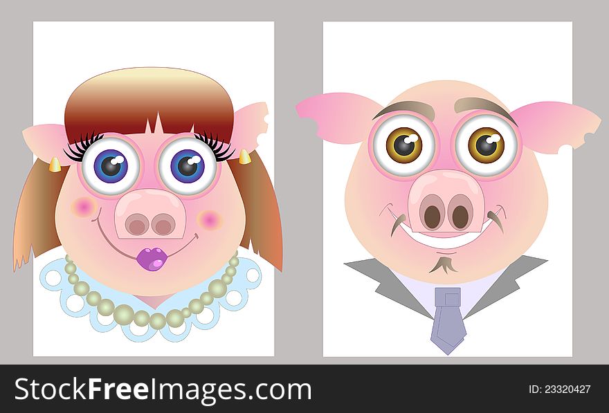 Caricature of a family of two pigs