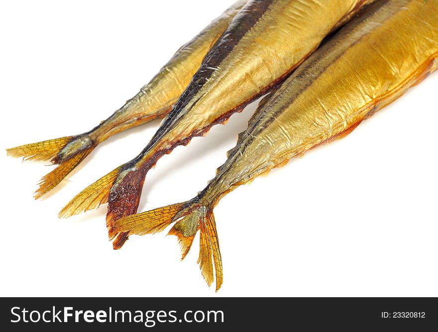 Smoked saury tails on a white background