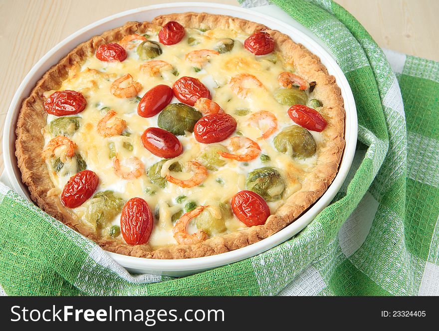 Pie With Brussels Sprouts, Shrimp And Tomatoes