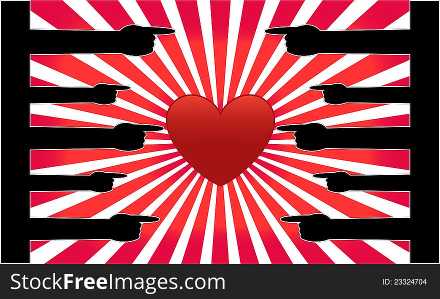 Vector illustration. The hands point to the heart. Vector illustration. The hands point to the heart