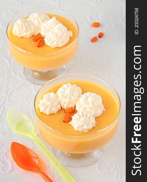 Two Glass Goblets With Mousse Of Sea-buckthorn