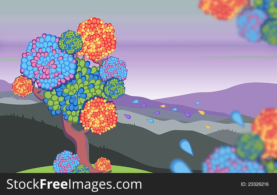 Striking a tree with colorful leaves, stands high in the mountains at sunset. Striking a tree with colorful leaves, stands high in the mountains at sunset