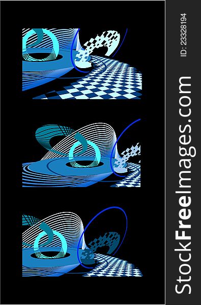 Abstract picture with blue circles, stripes & diamonds on a black background