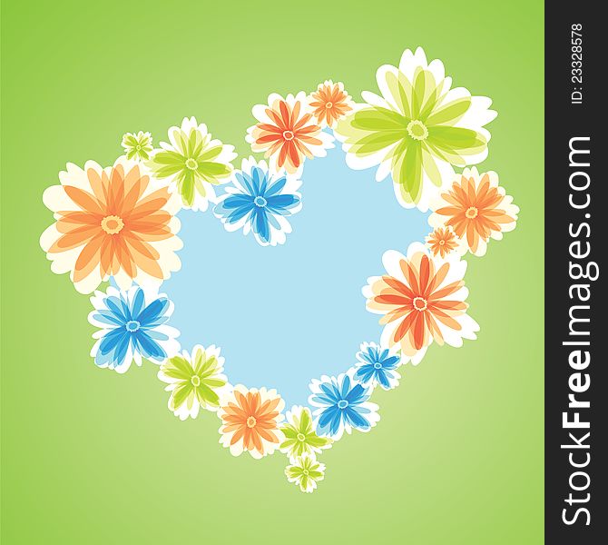 Colored Flowers as heart symbol on green background. Vector illustration.