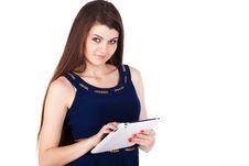 Brunette Woman Typing On Her Touch Pad Isolated Royalty Free Stock Images