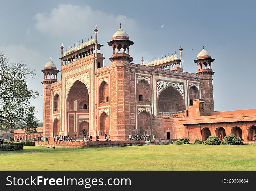 The gate to Taj Mahal, side view Agra, India