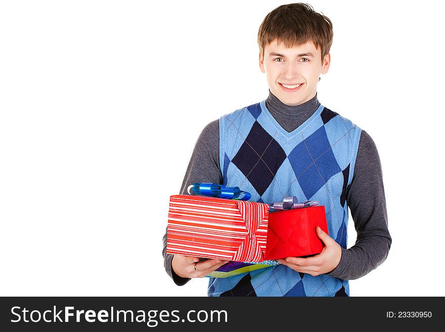 Present gift holding man looking camera