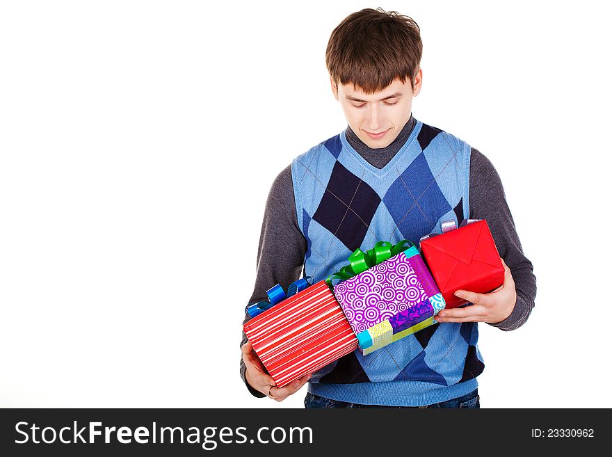 Present gift holding man looking camera isolated