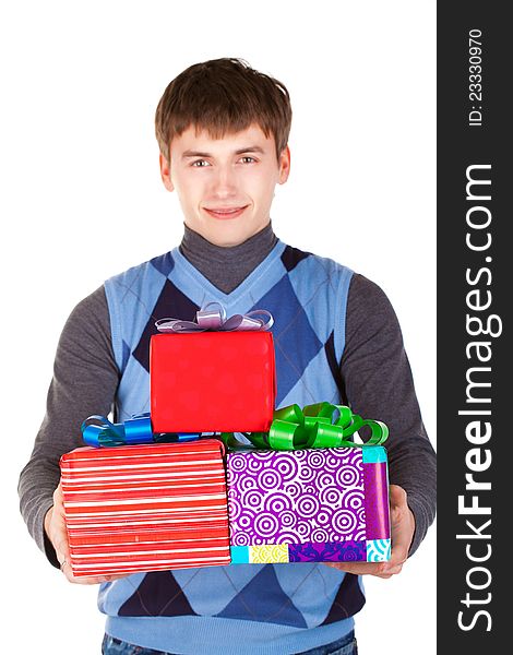 Present gift holding man looking camera