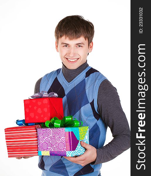 Present gift holding man looking camera isolated