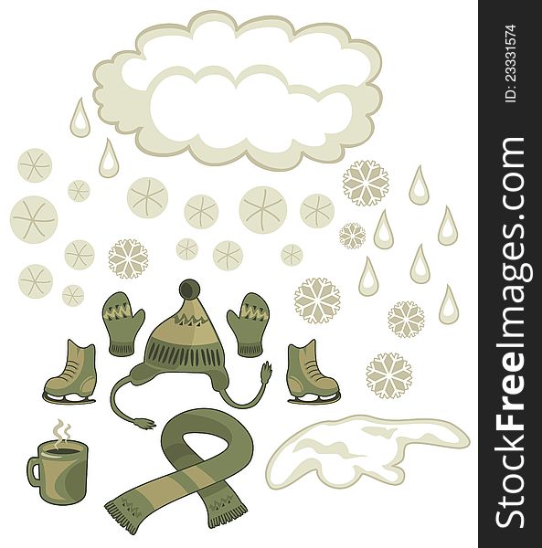 Winter weather elements and seasonal accessories set. Winter weather elements and seasonal accessories set