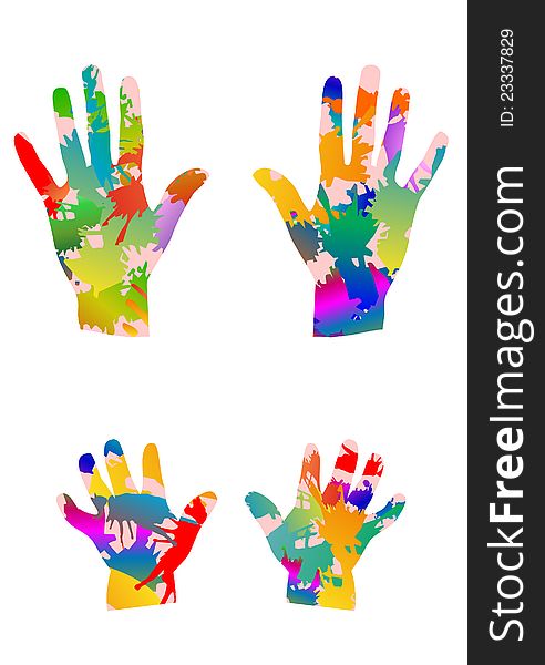 Colored hands, child and adult