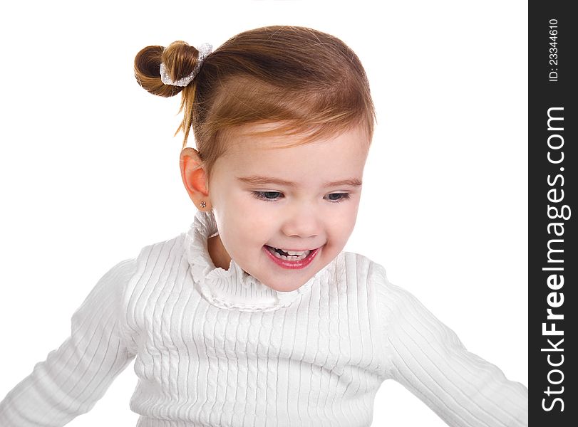 Portrait of happy little girl on a white