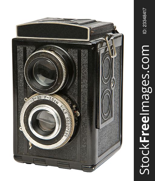 Old TLR medium format camera, isolated on white background, studio light, Canon 5D, softboxes. Old TLR medium format camera, isolated on white background, studio light, Canon 5D, softboxes
