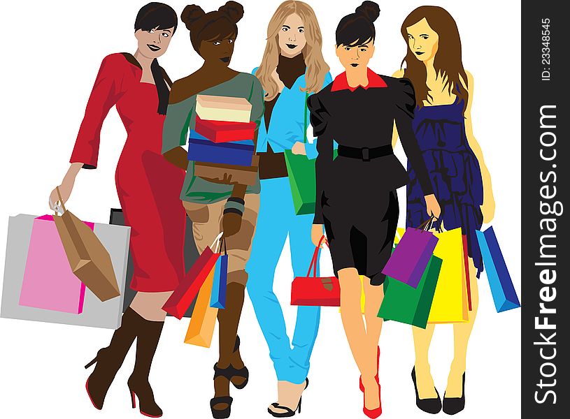 Five different women with shopping on a white background