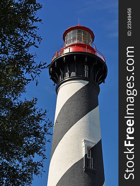 Striped Historic Lighthouse Against Blue Sky