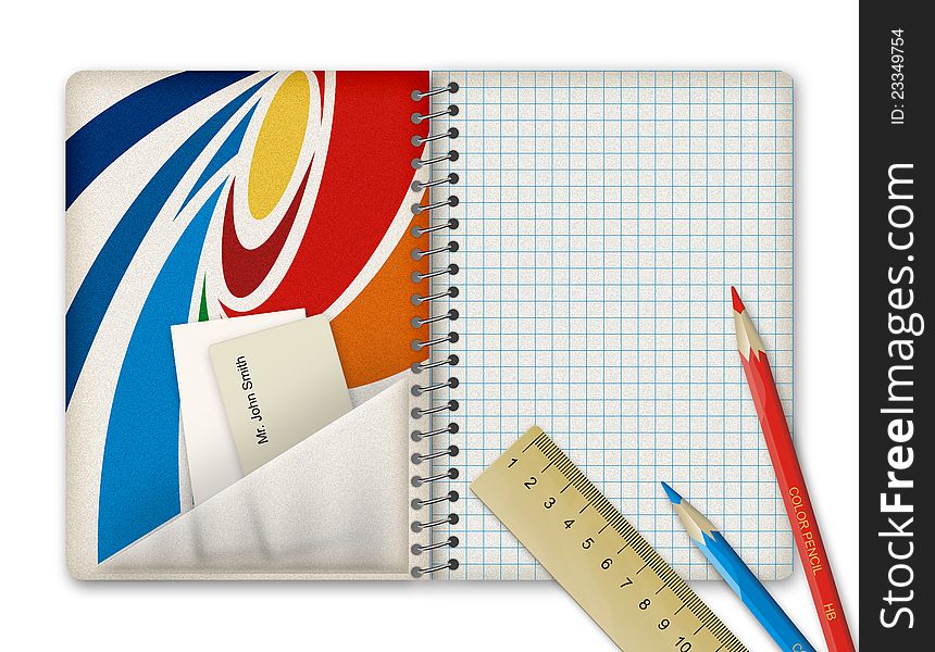 Block note with color pencils and ruler