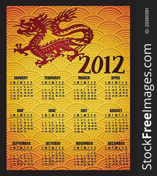 2012 calendar with traditional Asian dragon. 2012 calendar with traditional Asian dragon