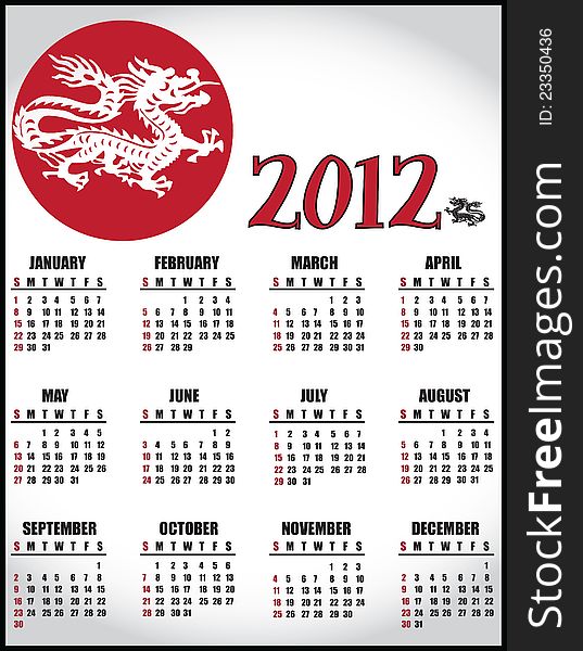 2012 calendar with traditional Asian dragon. 2012 calendar with traditional Asian dragon