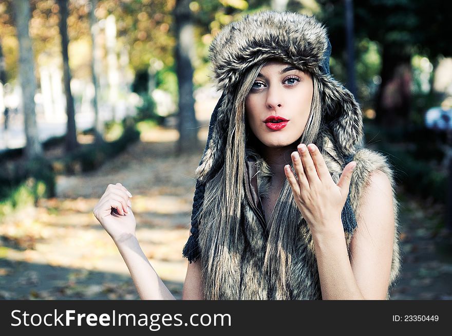 Model Of Fashion With The Winter Hat On