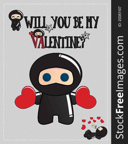 Ninja Valentine's day card, with cute ninja. Ninja Valentine's day card, with cute ninja
