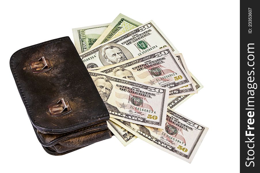 Old wallet with american dollars isolated on the white background. Old wallet with american dollars isolated on the white background
