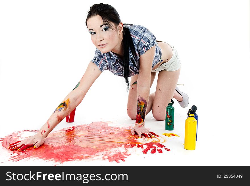 Sexy Girl painting with hands