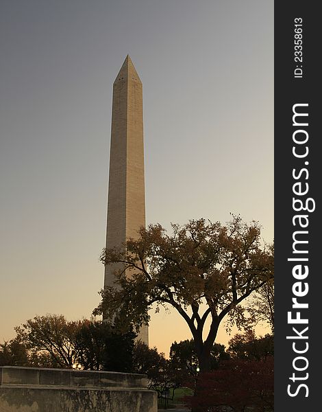 This is a view of the Washington Monument from the bridge of the Tidal Basin just after sunrise