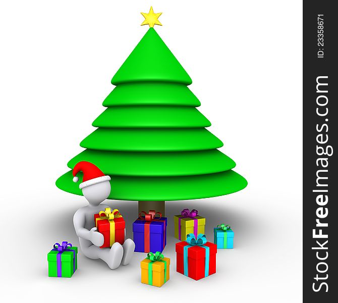 3d person sitting near a Christmas tree is about to open presents. 3d person sitting near a Christmas tree is about to open presents