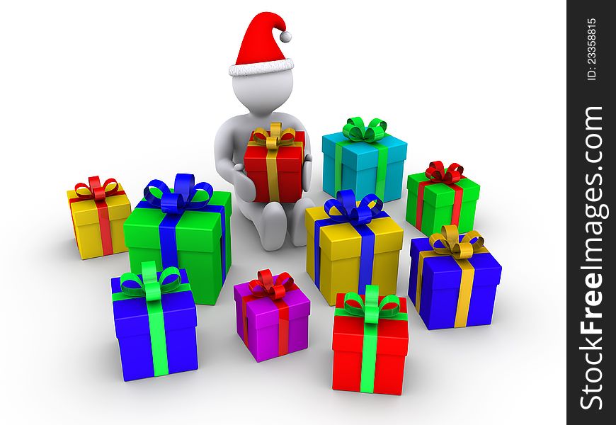 3d person holding a present is surrounded by other presents. 3d person holding a present is surrounded by other presents