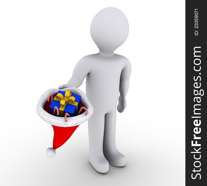 3d person showing hat with present and candies. 3d person showing hat with present and candies